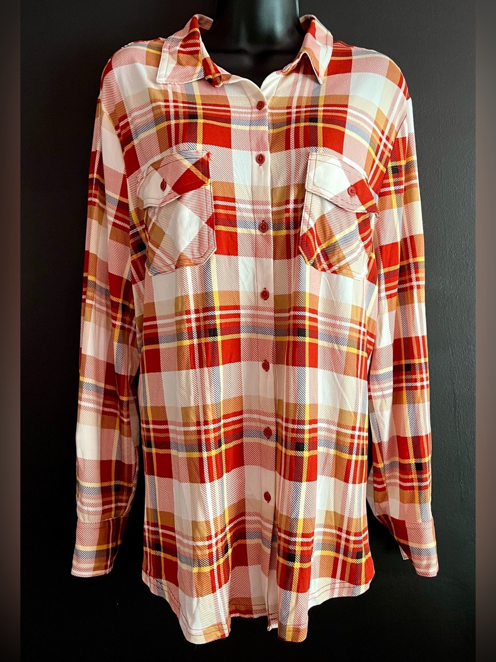 Women's Red, Yellow, Cream Plaid Button-Down Shirt - Relaxed Fit